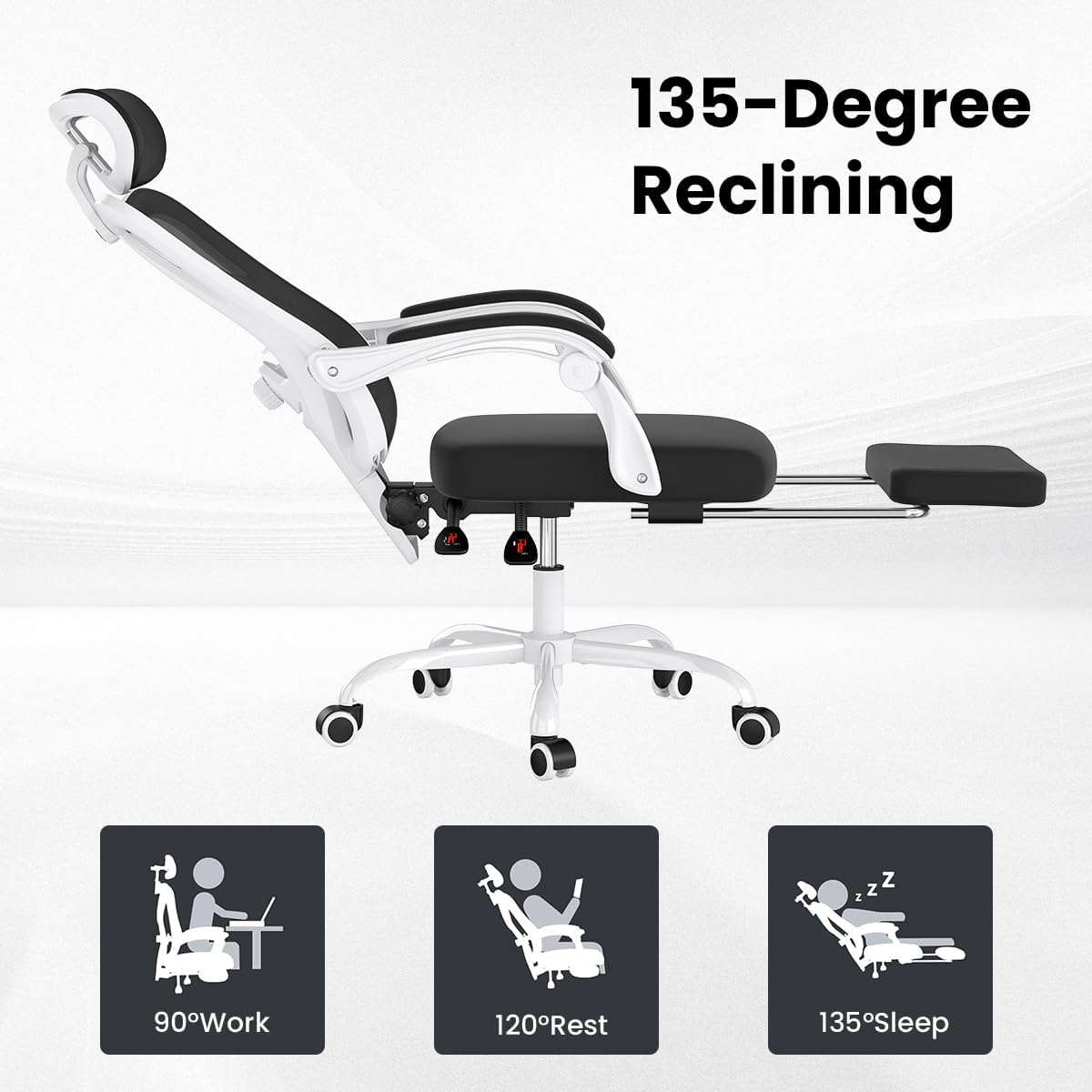 Farini Ergonomic Office Chair with Footrest, Mesh Office Desk Chair with Headrest, High Back Computer Chair with Adjustable Lumbar Support for Home Office Study Room Bedroom, White & Black