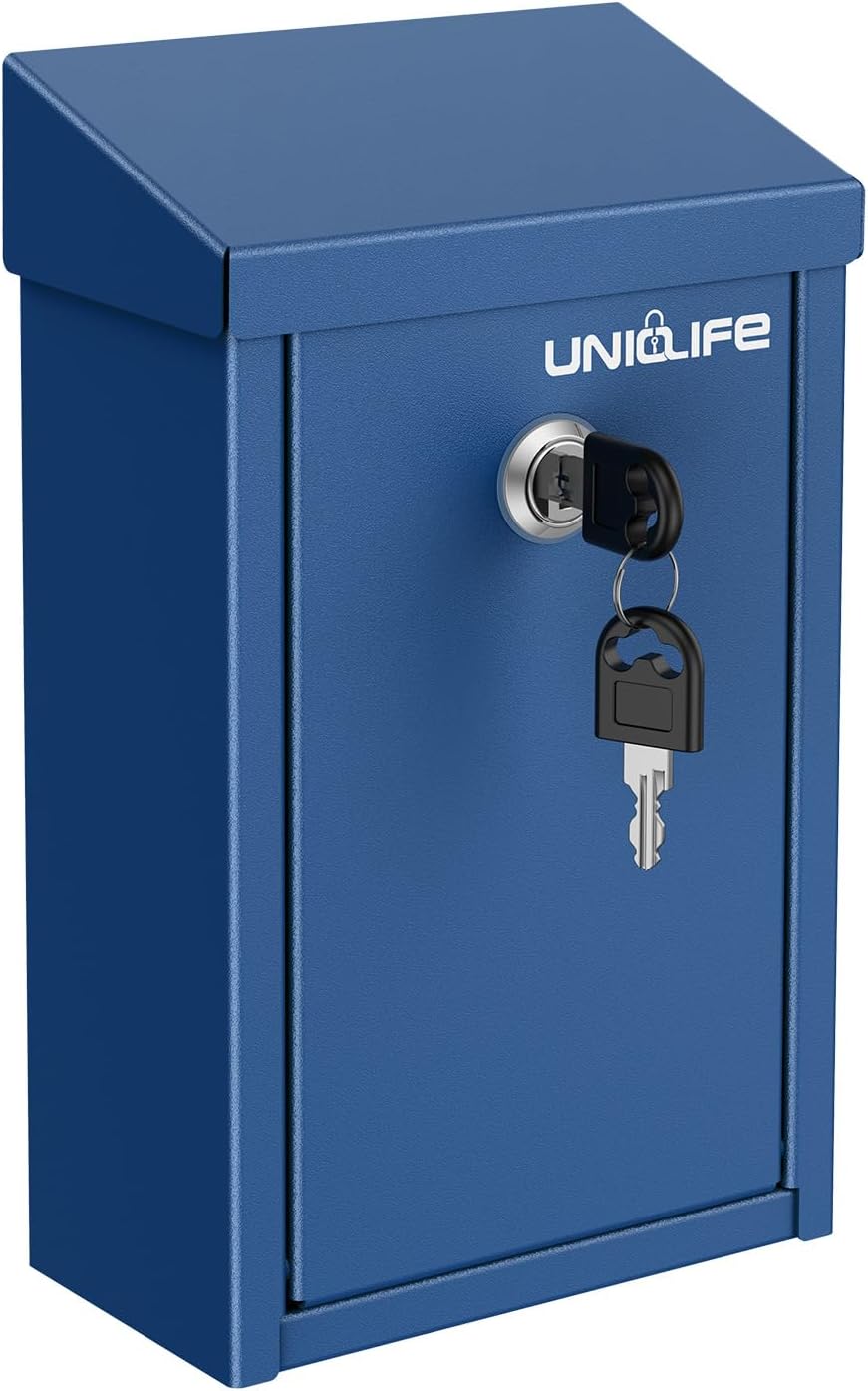Uniclife Key Drop Box for Outside, Blue Metal Donation Box Collection Boxes with Key Lock, Safe Suggestion Boxes, Wall Mounted Mailbox with Top Slot, Steel Cash Drop Chest for Office Business