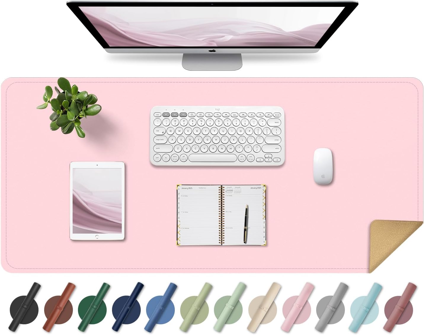 Non Slip Desk Mat, 31.5" x 15.7" PU Leather Desk Pad, Cork Desk Mat for Desktop, Desk Pad for Keyboard and Mouse, Ideal for Office and Home, Pink