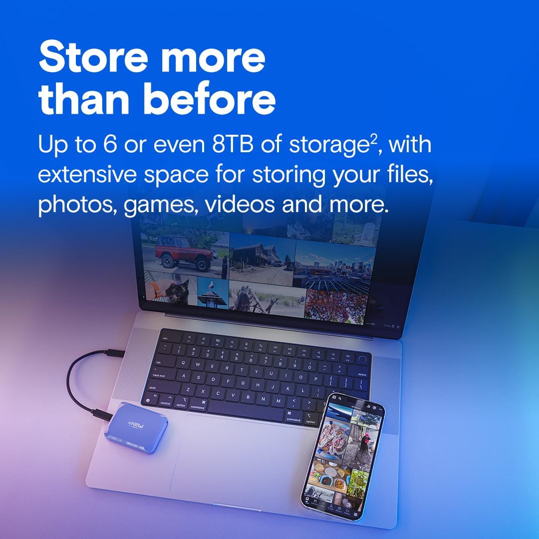Crucial X10 6TB Portable SSD, Up to 2,100MB/s, USB 3.2 USB-C, External Solid State Drive, Compatible with Windows, Mac & Android, Durable Storage for Games, Photos & Files, Blue - CT6000X10SSD9-02