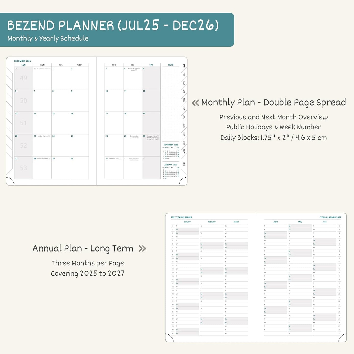 BEZEND Planner 2025-2026 Weekly and Monthly, 8.5" x 11" Academic Calendar (Jul 25-Dec 26) Vertical Daily Appointment with Hourly Timeslot & Monthly Tab, PU Leather Hardcover - Sky Blue
