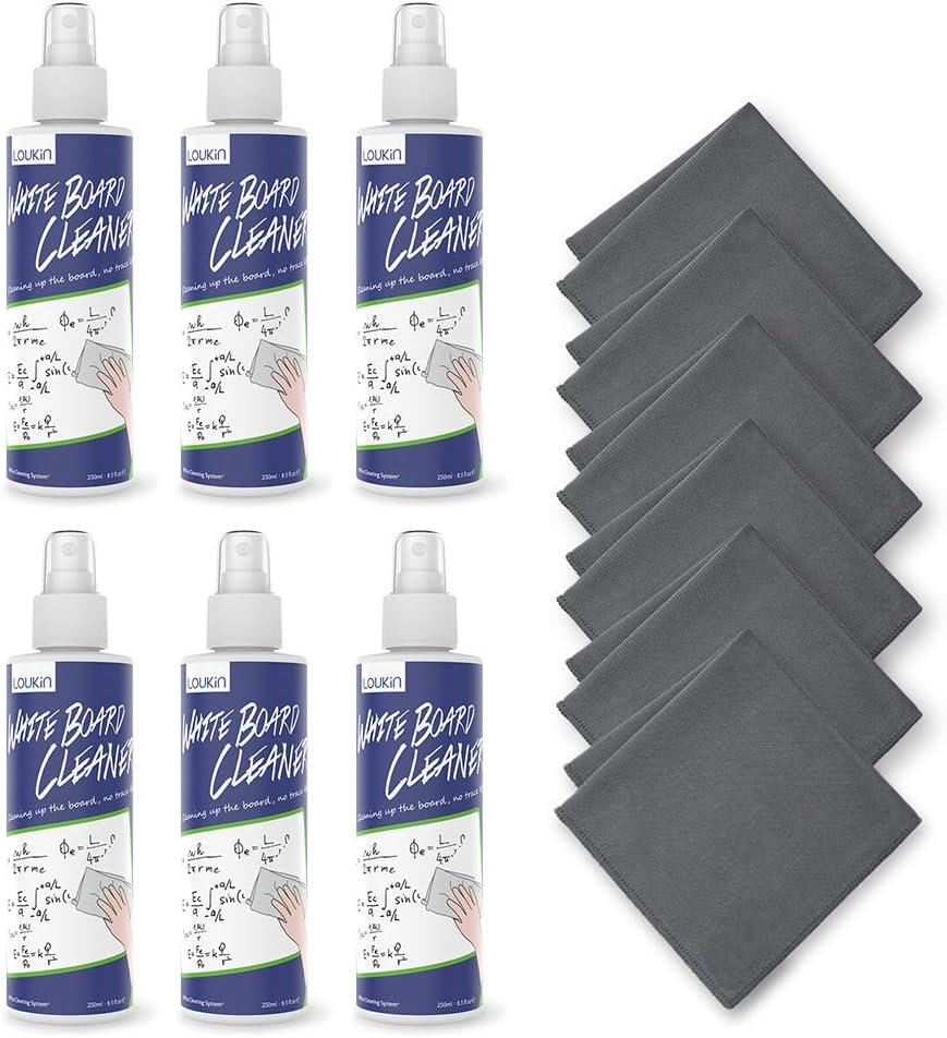 loukin Non-Toxic Whiteboard Cleaner, 8.5 fl oz Dry Erase Board Cleaner, Low-Odor Whiteboard Cleaning Spray with Cloths, Removes Stubborn Marks from Whiteboards, Chalkboard (6-Pack)
