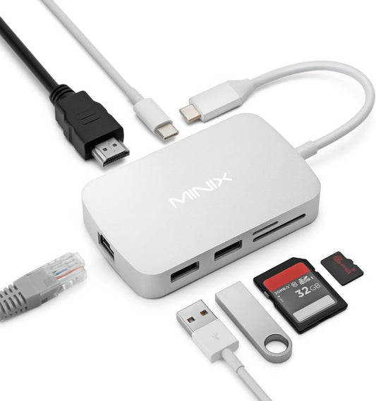 MINIX USB C Adapter, 7 in 1 USB C Hub Muliport Adapter 4K HDMI,Gigabit Ethernet, 2 USB 3.0, 100W PD Charging, SD/TF Card Reader, Compatible with MacBook Pro/Air, iPad Air/Pro, iMac, Laptop, PC