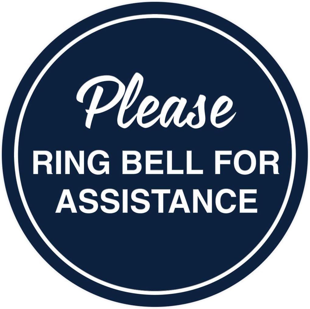 Signs ByLITA Circle Please Ring Bell For Assistance Wall or Door Sign | Easy Installation | Front Desk Reception Sign (Navy Blue/White) - Medium (5 Pack)