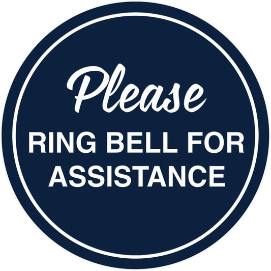 Signs ByLITA Circle Please Ring Bell For Assistance Wall or Door Sign | Easy Installation | Front Desk Reception Sign (Navy Blue/White) - Large (1 Pack)