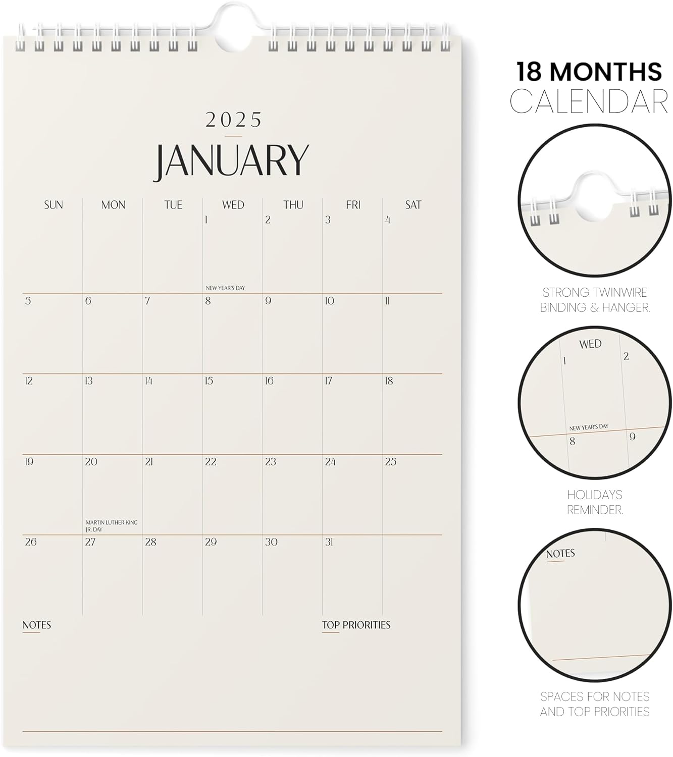 Karto Wall Calendar 2025 - Vertical 11x17 inch Runs Until June 2026 - Boost Your Productivity and Easy Planning with the Aesthetic Monthly Calendar - Beige