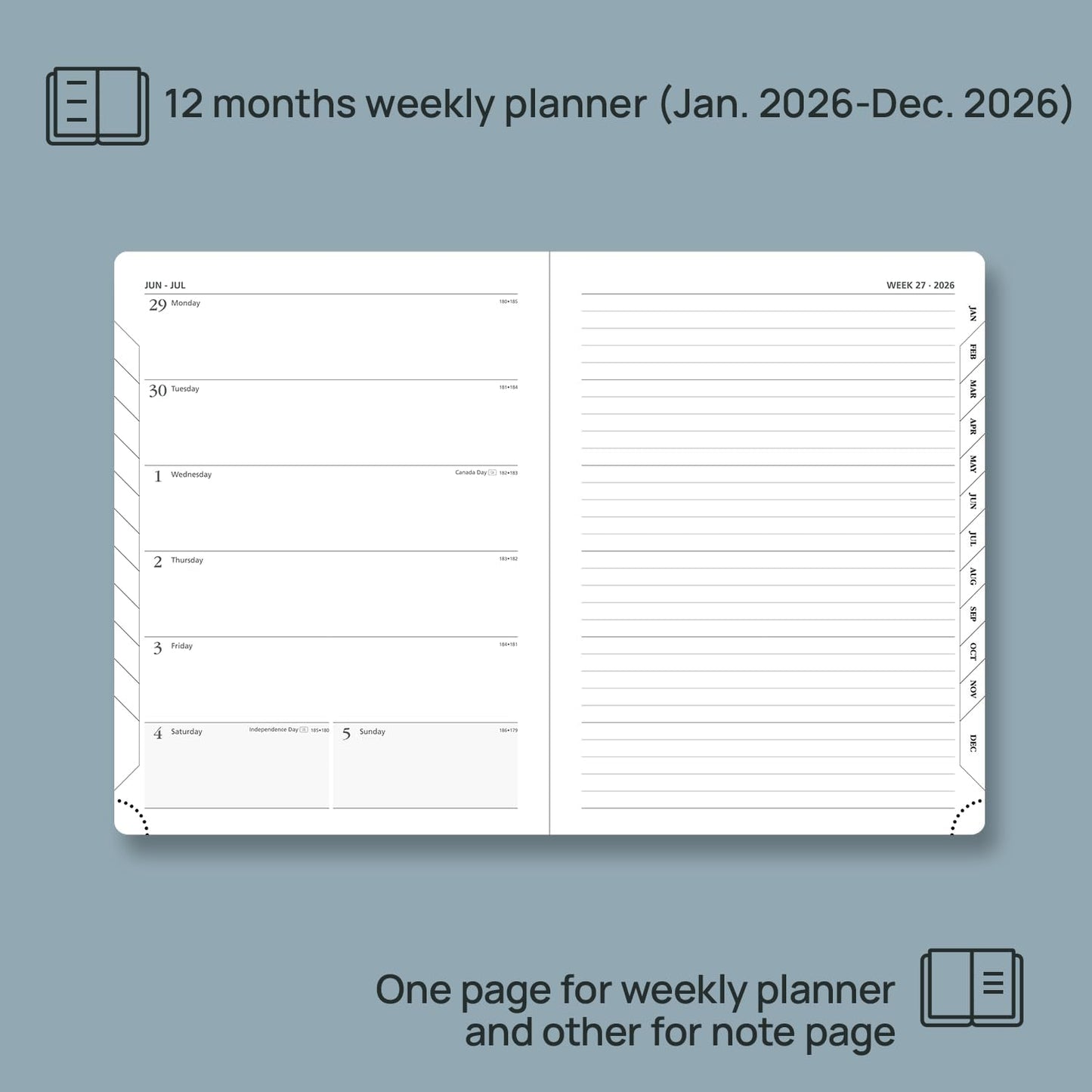 POPRUN Weekly Planner 2026 (Medium 6.5" x 8.5") Calendar 12 Months Notebook with Horizontal Layout, Leather Soft Cover, Monthly Tabs, Inner Pocket, 100GSM Thick Paper, Pen Holder - Black