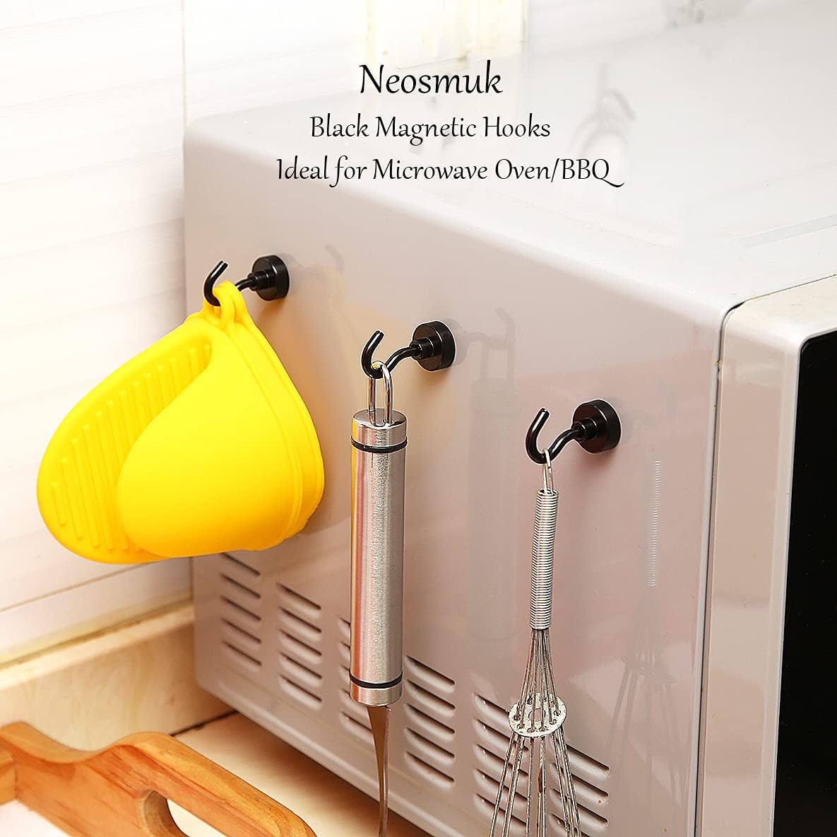 Neosmuk Black Magnetic Hooks,30lb Heavy Duty Earth Magnets with Hook for Refrigerator, Extra Strong Cruise Hook for Hanging, Magnetic Hanger for Curtain, Grill (Black, 4 Pack)