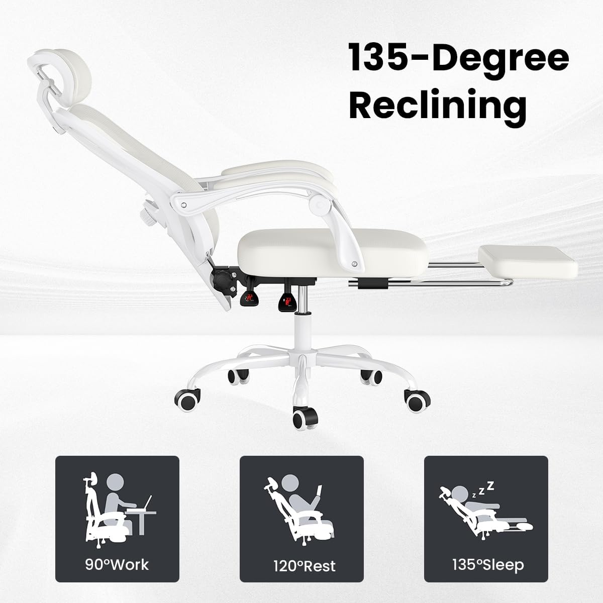 Farini Ergonomic Office Chair with Footrest, Mesh Office Desk Chair with Headrest, High Back Computer Chair with Adjustable Lumbar Support for Home Office Study Room Bedroom, White & Beige