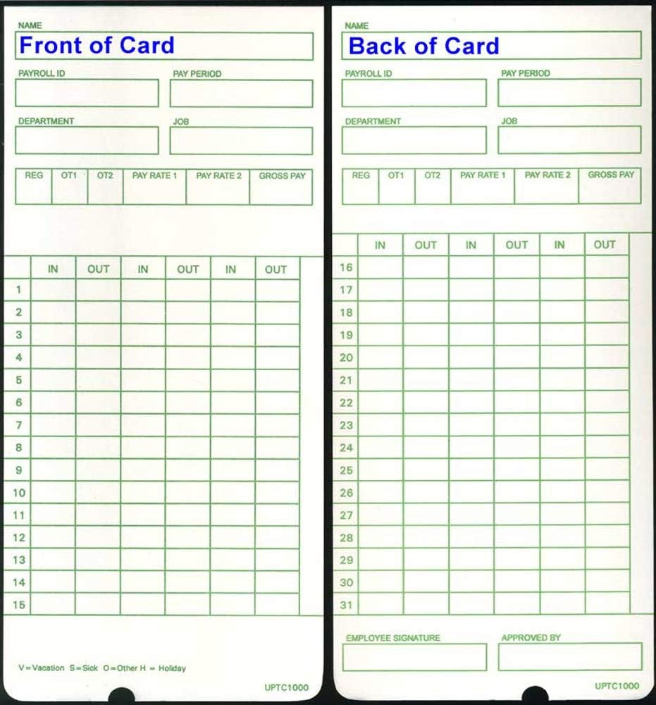 100 Time Cards for uPunch HN3000 AutoAlign Time Clock (uPTC1000-1 fits HN1000, HN1500, HN3000, HN3500, HN3540, UB1000) Non-Calculating Compatible