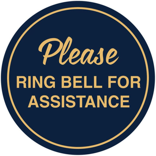 Signs ByLITA Circle Please Ring Bell For Assistance Wall or Door Sign | Easy Installation | Front Desk Reception Sign (Navy Blue/Gold) - Large (2 Pack)