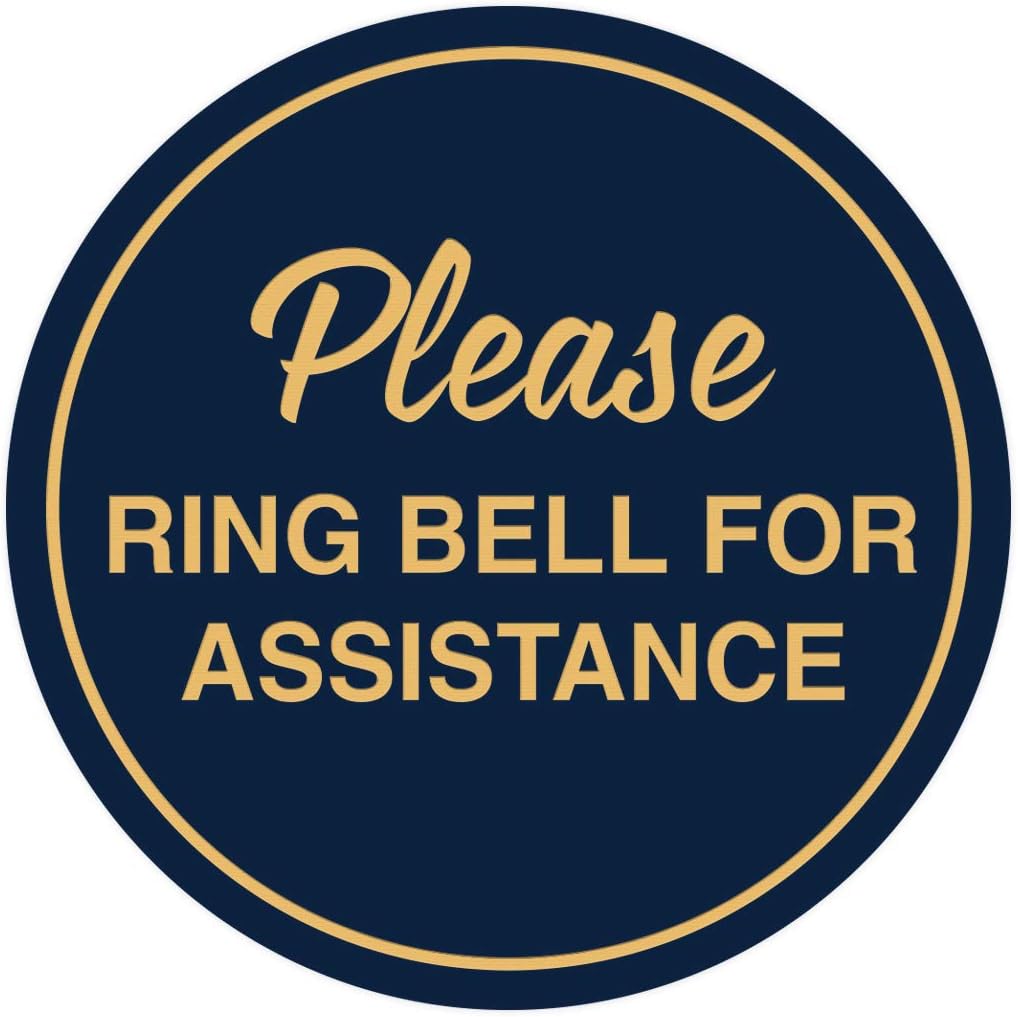 Signs ByLITA Circle Please Ring Bell For Assistance Wall or Door Sign | Easy Installation | Front Desk Reception Sign (Navy Blue/Gold) - Medium (2 Pack)
