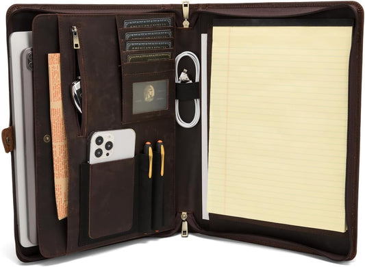 Genuine Leather Portfolio, Legal Size 8.5 x 14 Pad Holder, Business Padfolio for Men and Women, Zippered Laptop Organizer, Executive Professional Work Travel Notepad Folio, Dark Brown