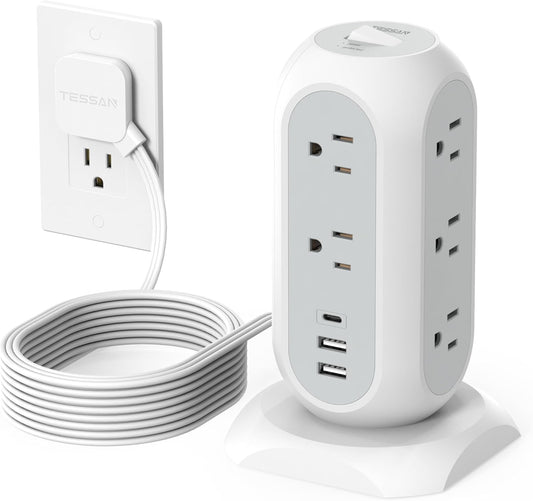 Surge Protector Power Strip Tower 10 Ft, TESSAN Flat Plug Extension Cord with 11 AC Outlets 3 USB Ports (1 USB C), 1050J Protection Charging Station for Home, Office Supplies, Dorm Room Essentials