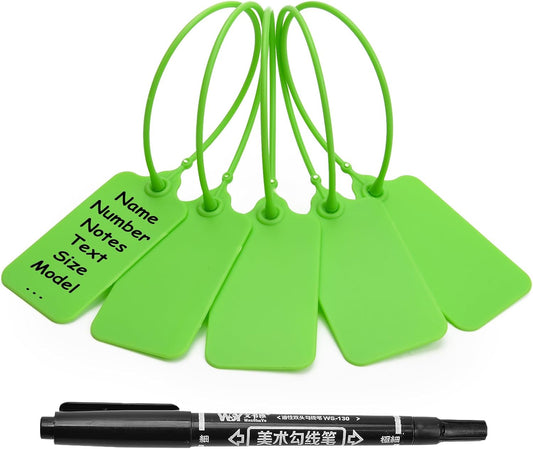 50 Green Blank Plastic Tags for Labeling Waterproof Hanging Labels Writable Tags Seal Plastic Marking Label for Clothes Bags Keys Inventory with One Marker Pen