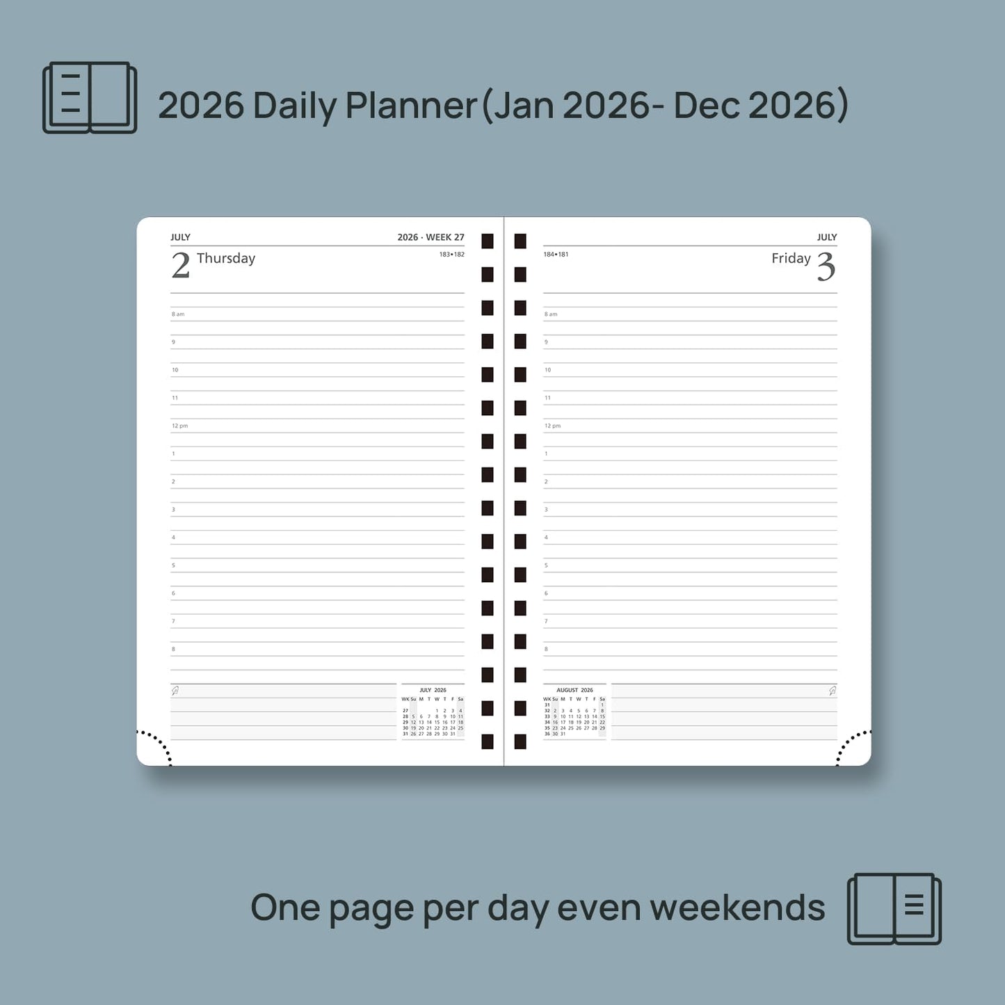 POPRUN 2026 Daily Planner One Page A Day - [8.5" x 5.75" Wire-Bound Hard Cover] Agenda 2026 Hourly Appointment Book with Monthly Calendar, Inner Pocket, Ivory Paper - Midnight Green