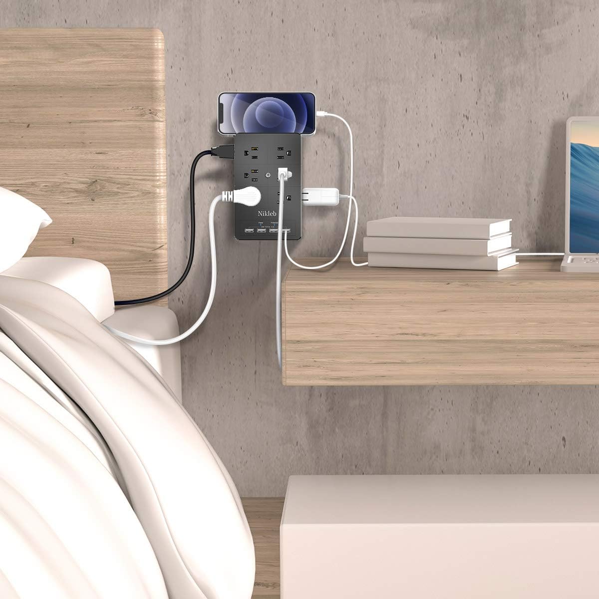 Surge Protector Nikleb, Wall Outlet with 4 USB Ports 5V 4.8A Total, 12 Multi Outlet Extender, Multiple USB Plug Adapter Wall Mount, Phone Chargier Organizer with Phone Holder, Heavy Duty