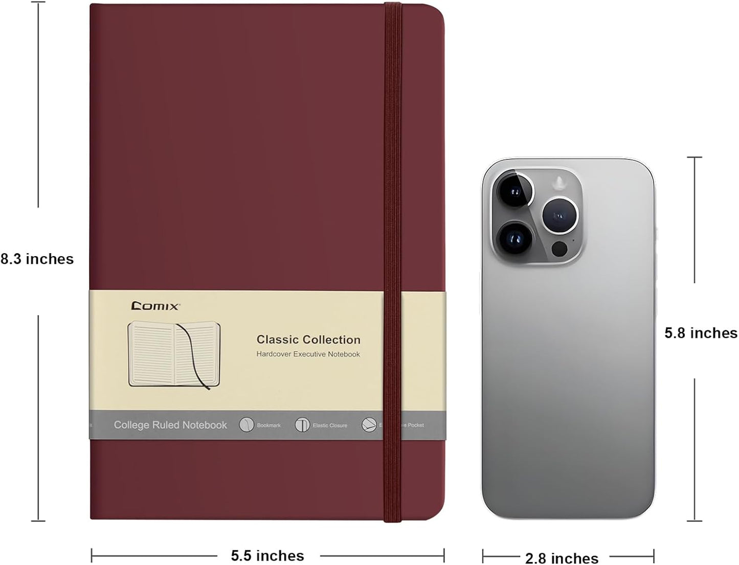 Comix Lined Journal Notebook for Women Men, Journaling Notebooks for Office School Home, Burgundy, 240 Pages, 5.5" x 8.3", College Ruled, A5, Hardcover