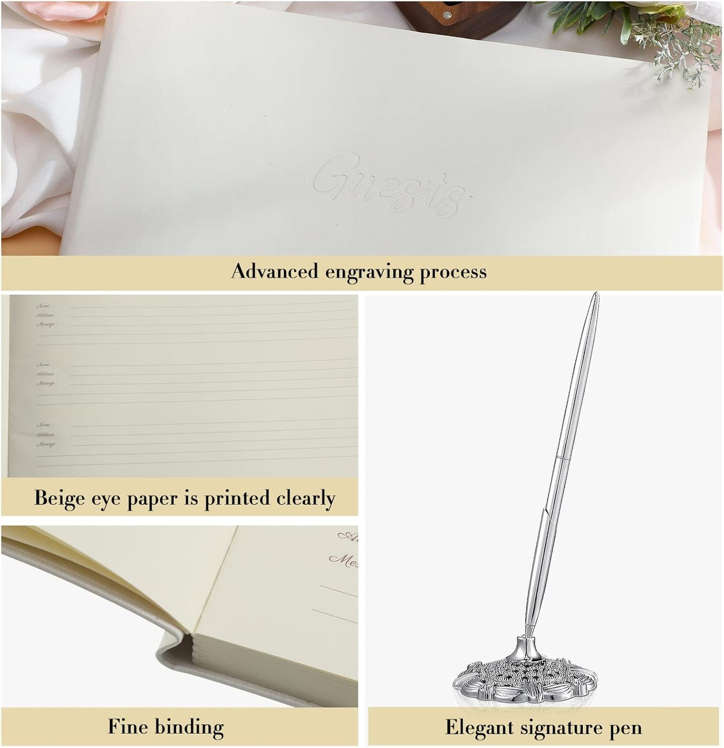 Leather Guest Book and Pen Stand Set, 10.5" x 8" Embossed Guests Sign in Book Registry Book for Funeral, Wedding Reception, Vacation Homes and Events, 80 Sheets (White)