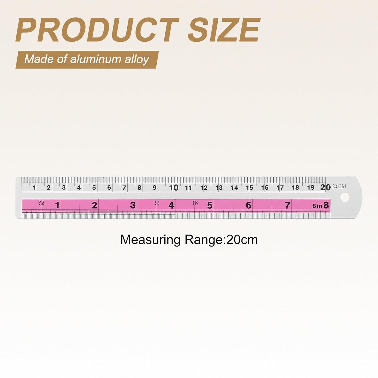 HARFINGTON 4pcs Metal Straight Ruler 20cm Metric SAE Aluminum Alloy Measuring Rulers Scale Tools with Hole for Measure Study Reading Classroom Office, Pink