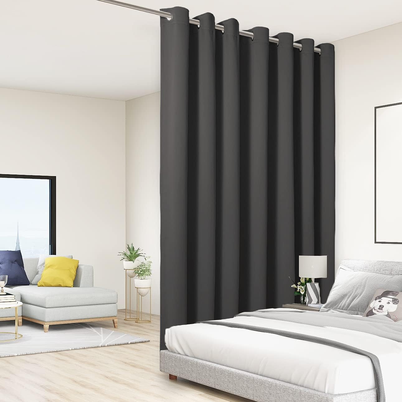 BONZER Extra Wide Room Divider Curtain Total Privacy Wall Grommet Top Thermal Insulated Blackout Curtains for Slide Window, 96L x 150W Inch (8L x 12.5W ft), 1 Panel, Dark Grey