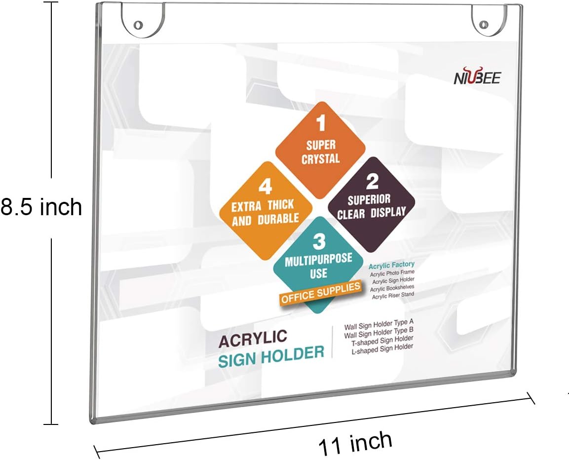 NIUBEE 3-Packs Acrylic Wall Sign Holder 8.5x11 Horizontal, Clear Plastic Picture Frames , Wall Mounted Design, Support No Drilling (Provide 3M Tape and Mounting Screws)