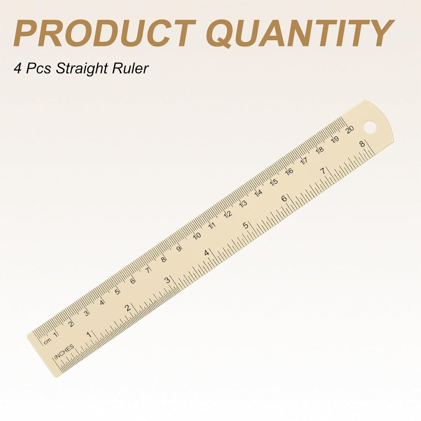 HARFINGTON 4pcs Metal Straight Ruler 20cm Metric SAE Aluminum Alloy Measuring Rulers Scale Tool with Hole for Measure Study Reading Classroom Office, Beige
