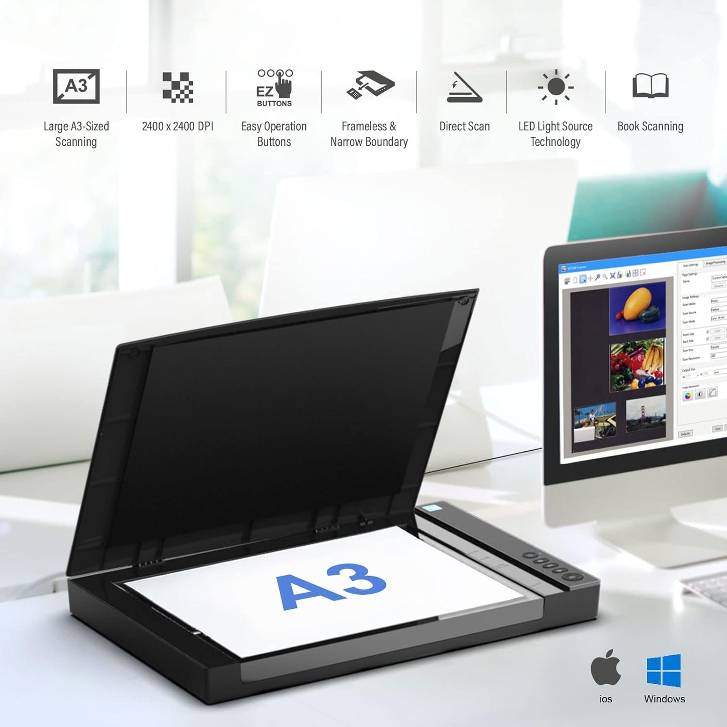 VIISAN VF3240 Large Format Flatbed Scanner, A3 Size, 2400 DPI, CIS Sensor, Scan 297 × 420 mm / 11.7" x 16.7" in 4 sec, Frameless, Auto-Scan, Document & Photo & Book Scanner, Supports Windows & Mac