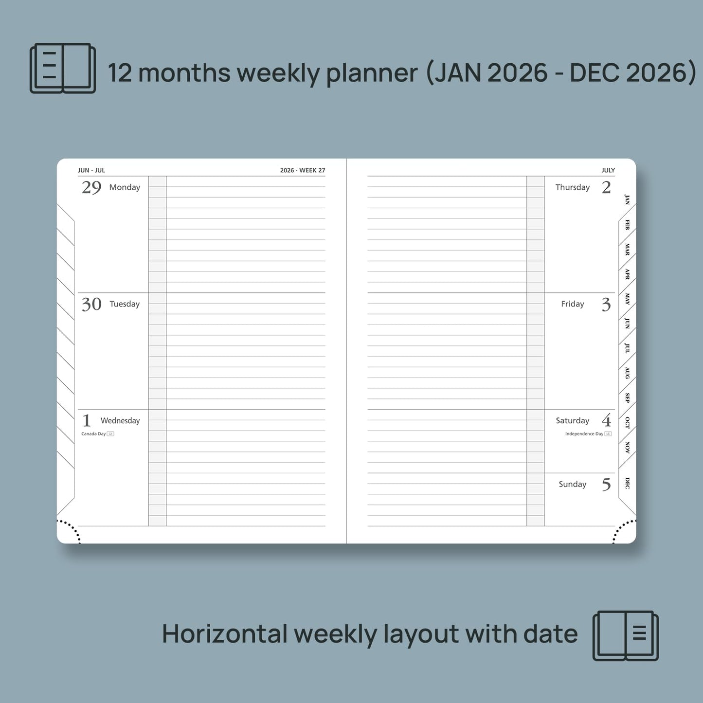 POPRUN 2026 Weekly Planner (Medium 6.75" x 8.75") 12 Months Calendar Notebook with Horizontal Layout, Leather Hardcover, Inner Pocket, 100GSM Thick Paper, Pen Holder - Navy Blue