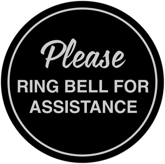 Signs ByLITA Circle Please Ring Bell For Assistance Wall or Door Sign | Easy Installation | Front Desk Reception Sign (Black/Silver) - Small (1 Pack)