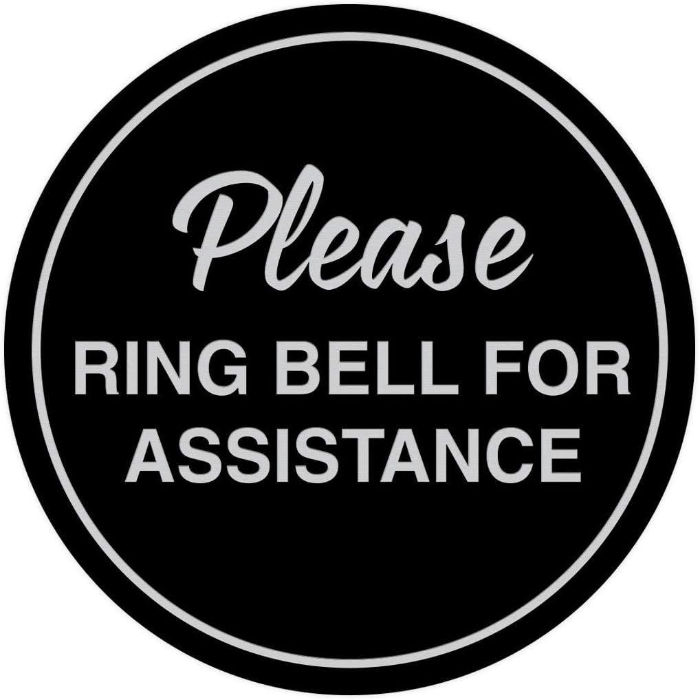 Signs ByLITA Circle Please Ring Bell For Assistance Wall or Door Sign | Easy Installation | Front Desk Reception Sign (Black/Silver) - Large (10 Pack)