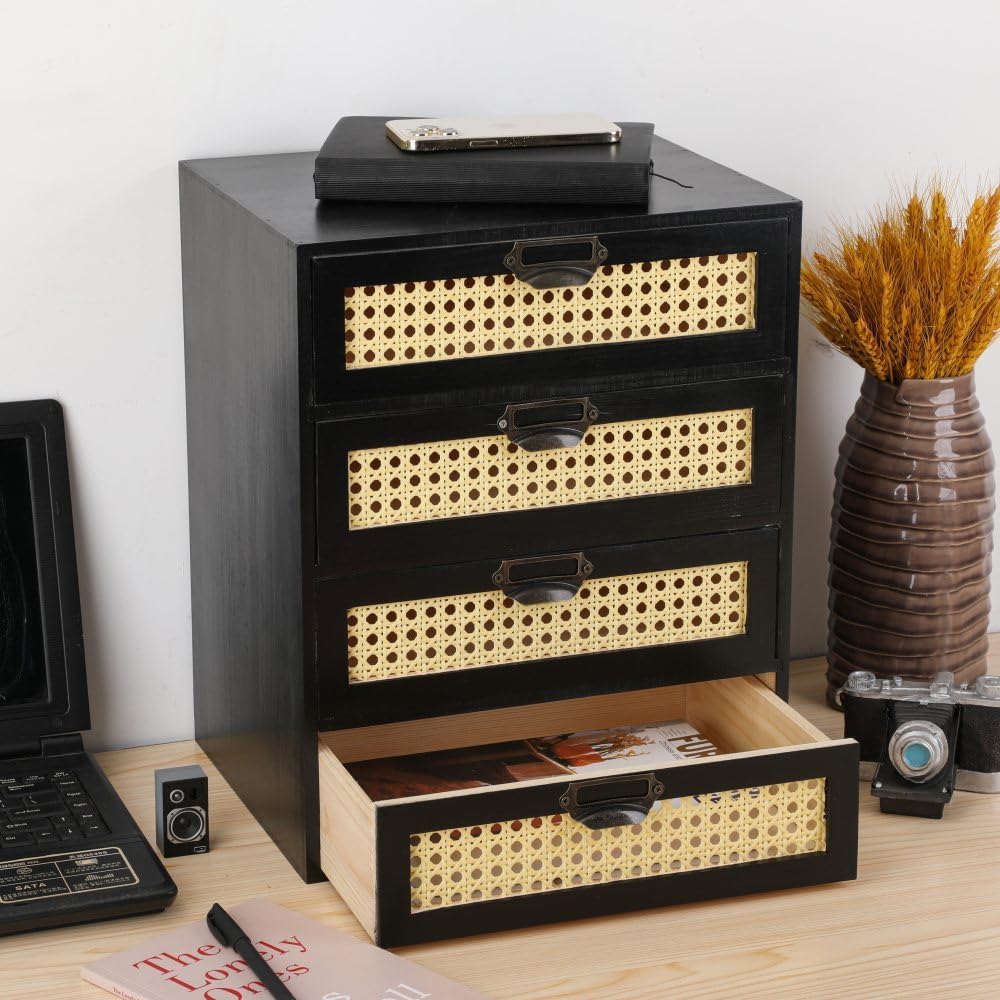 Large Wooden Drawer BoHo Desk Organizers Wooden Storage Dox with Drawers Rattan Paper Storage Drawer Wood File Organizer Library Card Catalog Cabinet Apothecary Cabinet (L-BLACK)