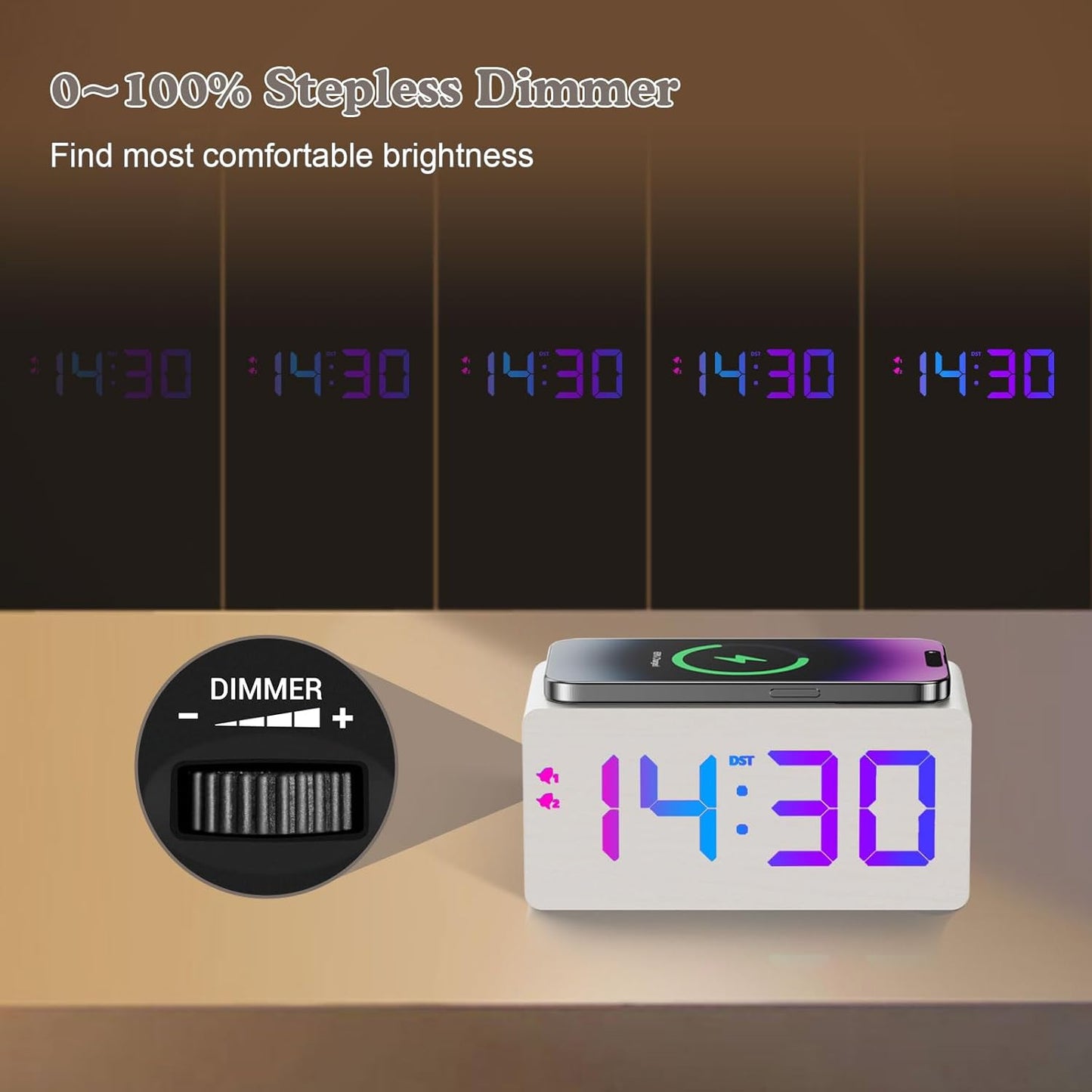 Wooden Digital Alarm Clock with Fast Wireless Charger, Dual USB Charging Ports, DST, Dimmable, Snooze, RGB Large Number Display LED Clock for Bedrooms, Living Room, Desk, Table, Bedside(White)