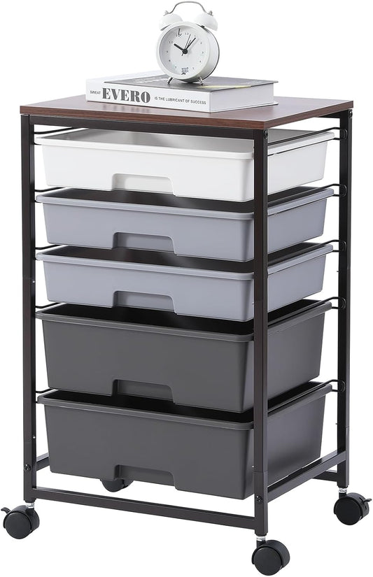 Utility Cart with 5 Drawers,Storage Drawer Cart with Wooden Tabletop and Lockable Wheels,Craft Storage Trolley Cart,5-Tier Rolling Utility Cart on Wheels,Dark Grey