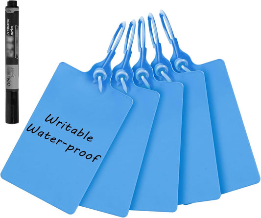 100 Plastic Tags Blank Waterproof Tags Shipping Tags for Labeling Writable Hang Tags Large Shipping Label Security Tamper Seals Storage Tags with One Marker Pen (Blue)