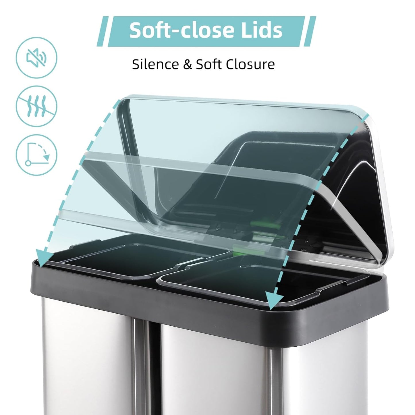 19 Gallon Dual Trash Can, 2 x 36 L Stainless Steel Two Compartment Garbage Can with Soft-Close Lid and Foot Pedal for Kitchen Home Office, Without Removable Inner Bucket
