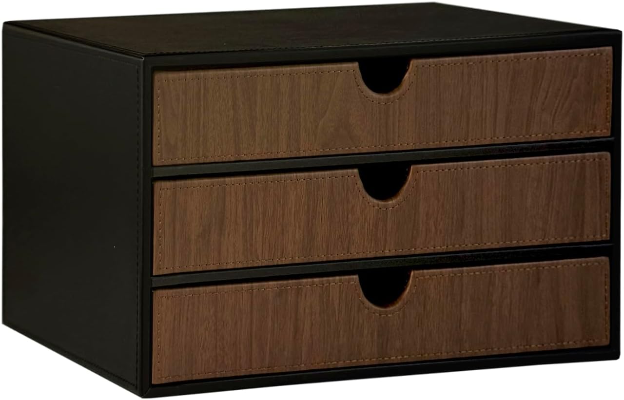UnionBasic Document Organizer, 3-Drawer File Cabinet Document Storage Box, Office Desktop Filing Organizer, Black with Wood Grain Drawers