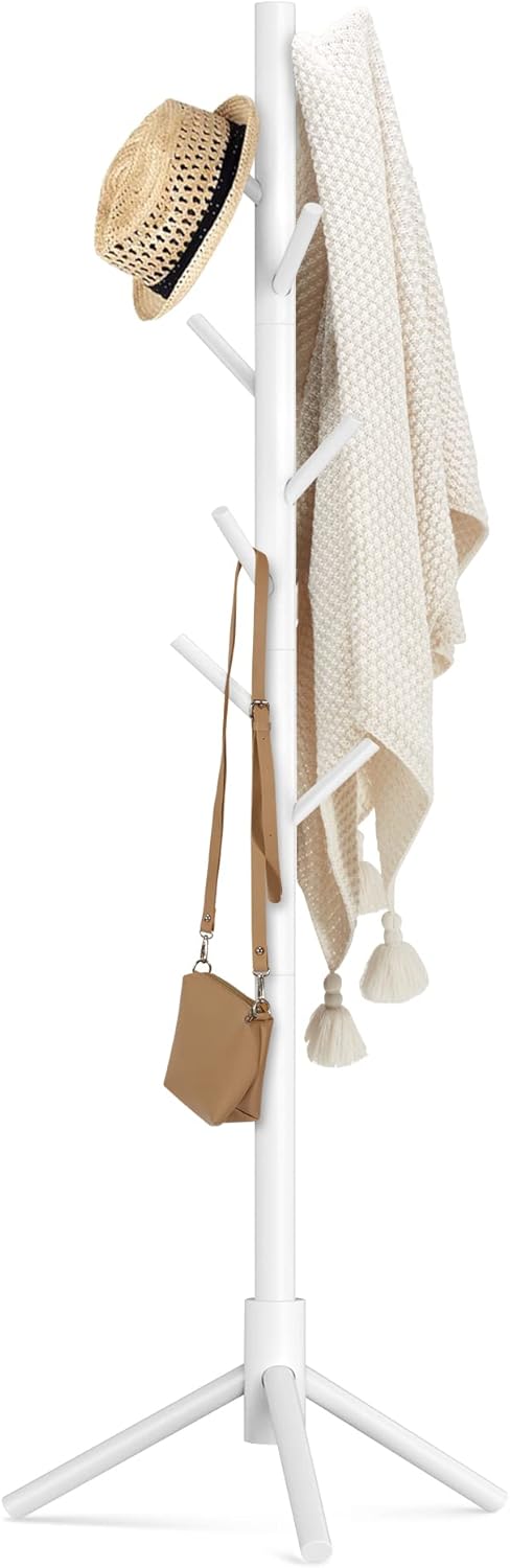 Haddockway Wooden Coat Rack Stand with 8 Hooks New Zealand Pine 3 Adjustable Coat Standing Tree Easy Assembly for Coats, Hats, Scarves and Handbags for Entryway, Hallway, Bedroom, Office, white