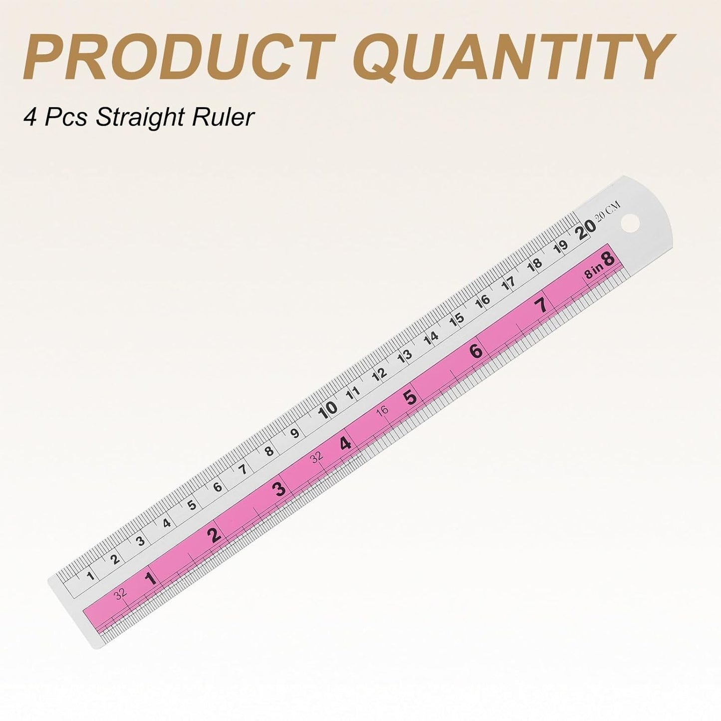 HARFINGTON 4pcs Metal Straight Ruler 20cm Metric SAE Aluminum Alloy Measuring Rulers Scale Tools with Hole for Measure Study Reading Classroom Office, Pink