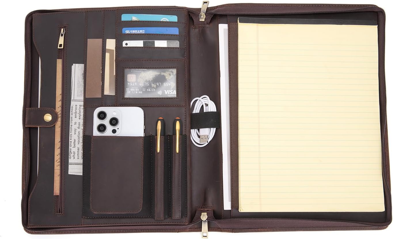 Personalized Genuine Leather Portfolio for Women and Men, Custom Engraved 8.5 x 11 Legal Padfolio, Zippered Notebook Laptop Organizer, Business Executive Folio for Work, Dark Brown