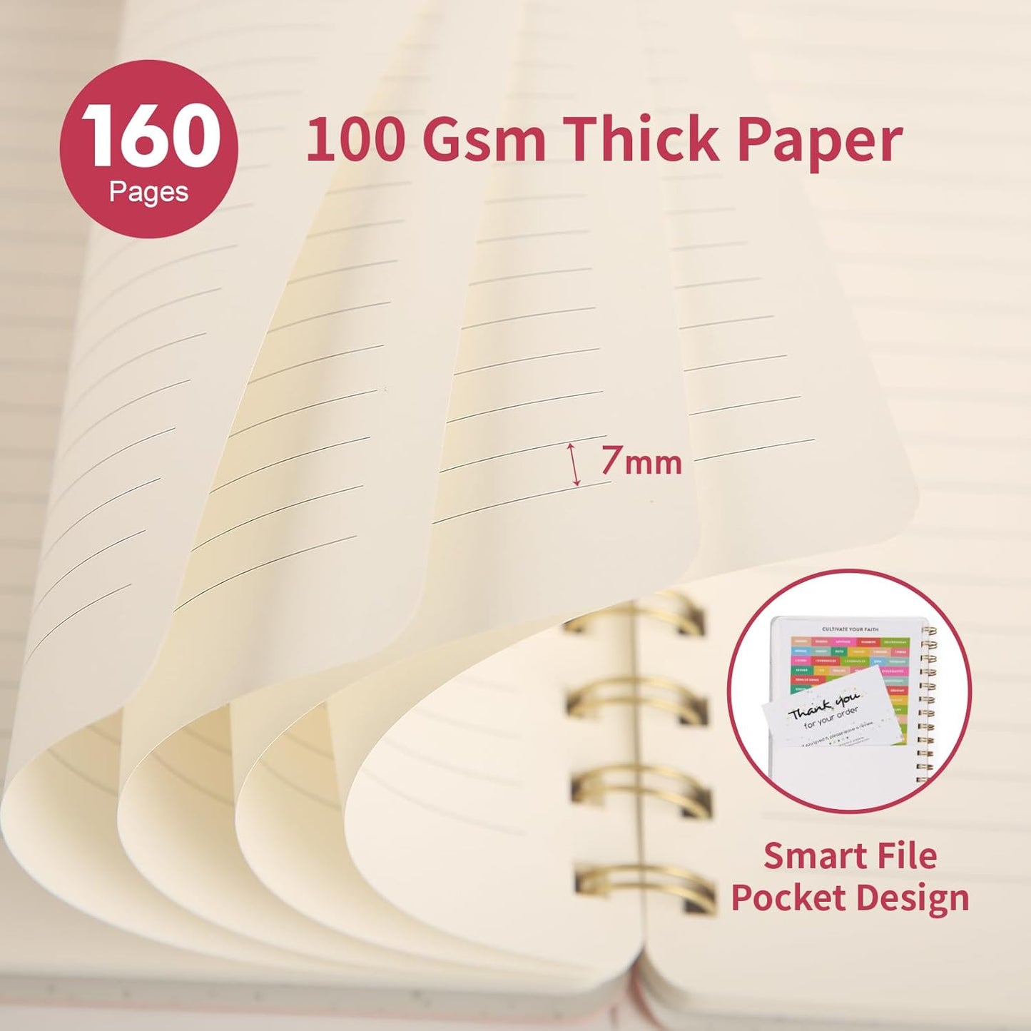 Spiral Notebook, Pink Notebook-6.1x8.2 Inch College Ruled Journal with Inner Pockets and 160 Pages, PU Leather Cover Business Journal, Twin-Wire Binding Notebook Perfect for Office & Home