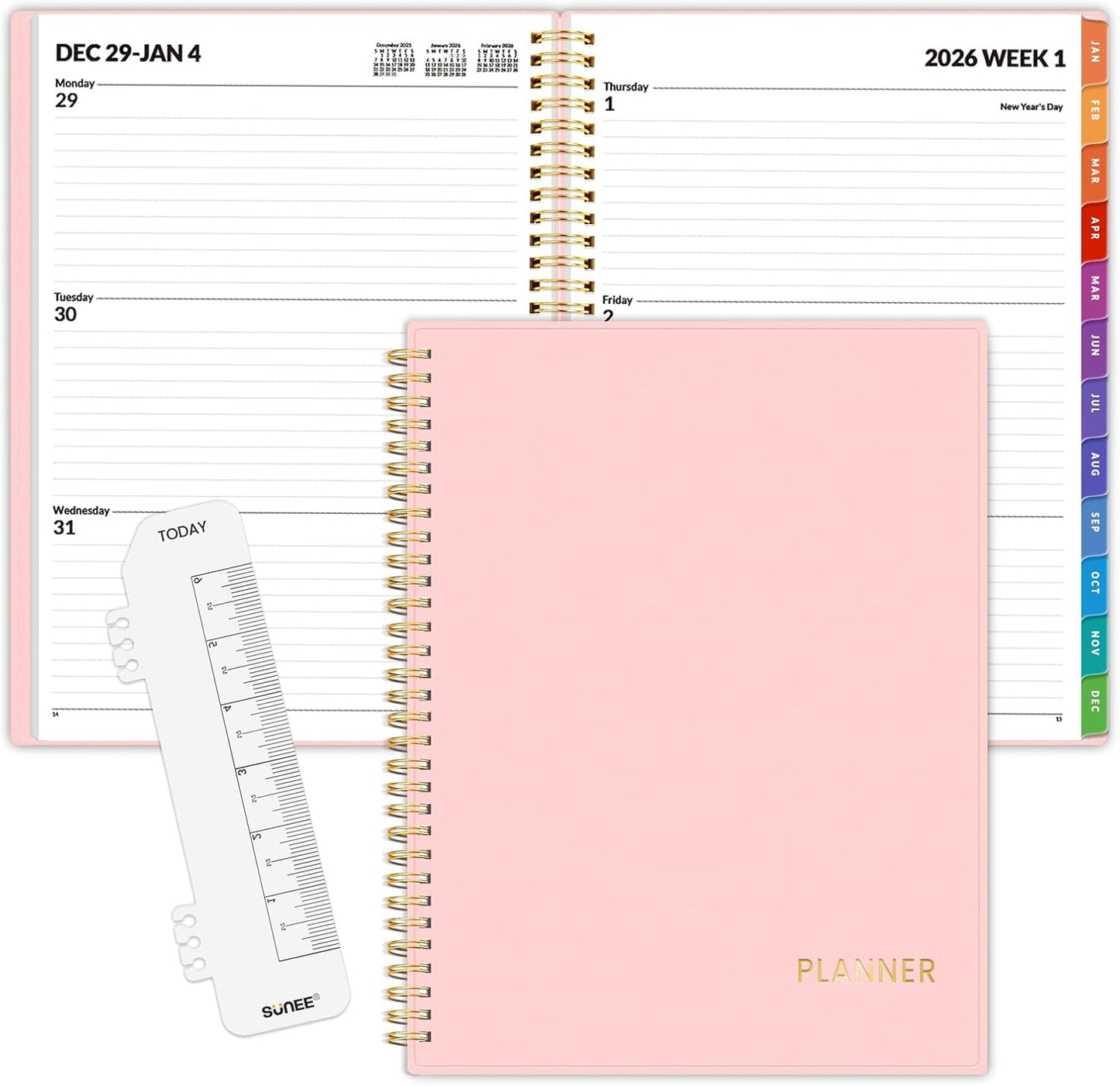 SUNEE 2026 Weekly and Monthly Planner - from January 2026 - December 2026, 8.5"x11" Daily Agenda Planner with Monthly Tab, Flexible Cover, Note Pages, Pockets, Bookmark, Spiral Binding, Pink