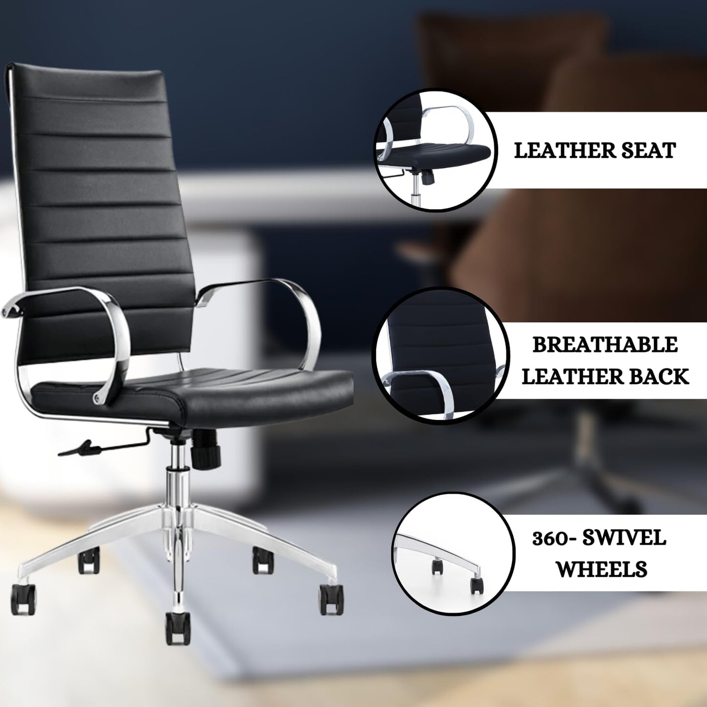 Ribbed Desk Chair - Lumbar Support, Modern Style Executive Chair for Home and Office - 360 Swivel Rolling Wheels - Aluminum Chrome Frame & Base (Black & Chrome High Back, Pack of 25)