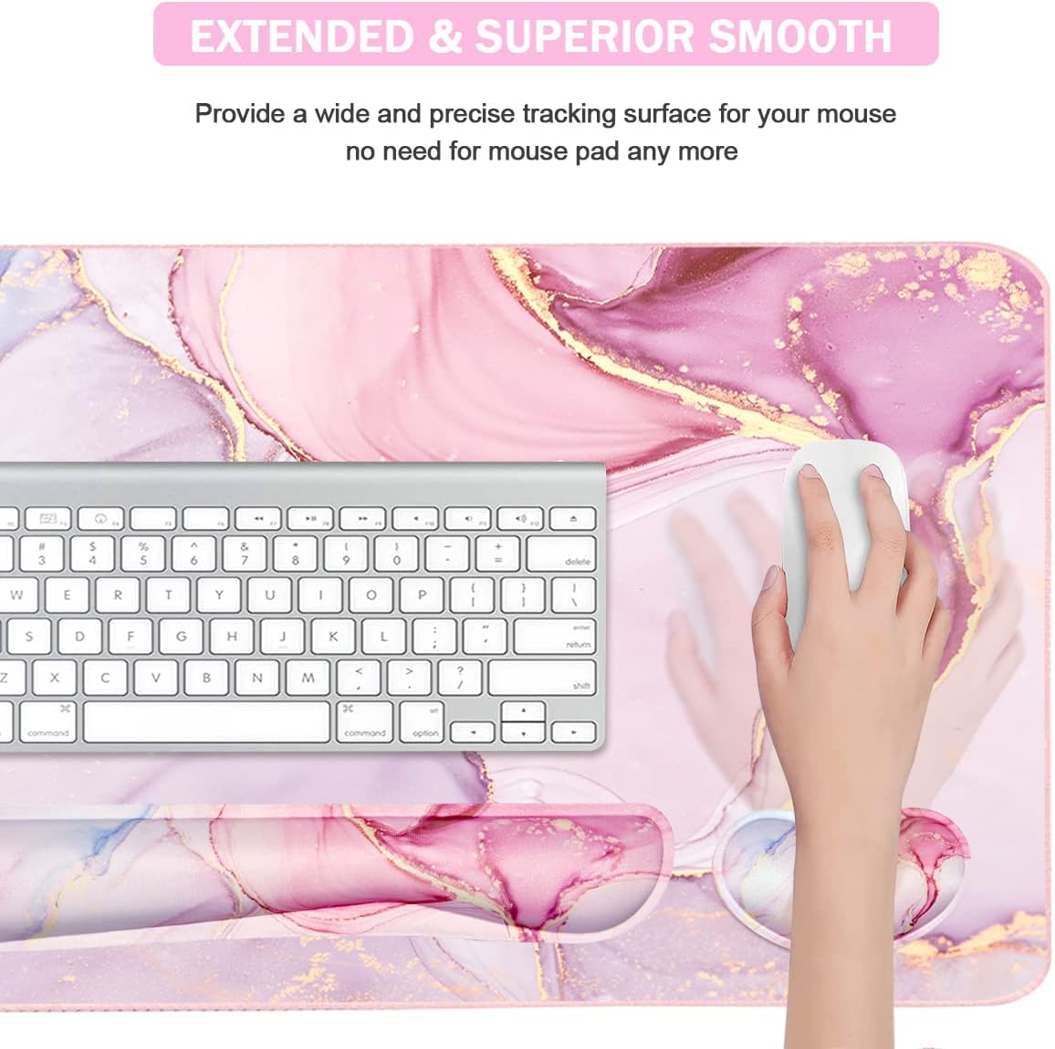 Keyboard Mouse Pad Set, Extended Mouse Pad+Keyboard Wrist Rest Support, Memory Foam Ergonomic Easy Typing, 3Pcs (35.4×15.7 in) Desk Pad Set for Home Office Study Game- Pink Marble
