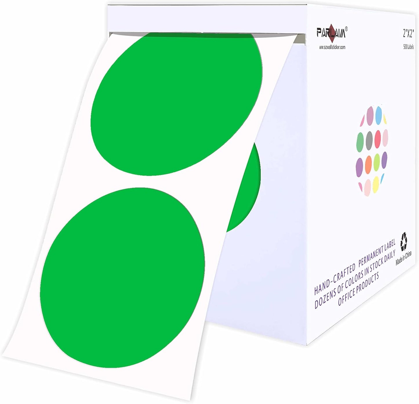 PARLAIM 2" Color-Code Circle Dot Labels in Dispenser Box, 500 Green Colored Stickers, 2 inch Diameter for Inventory Package Box Office School