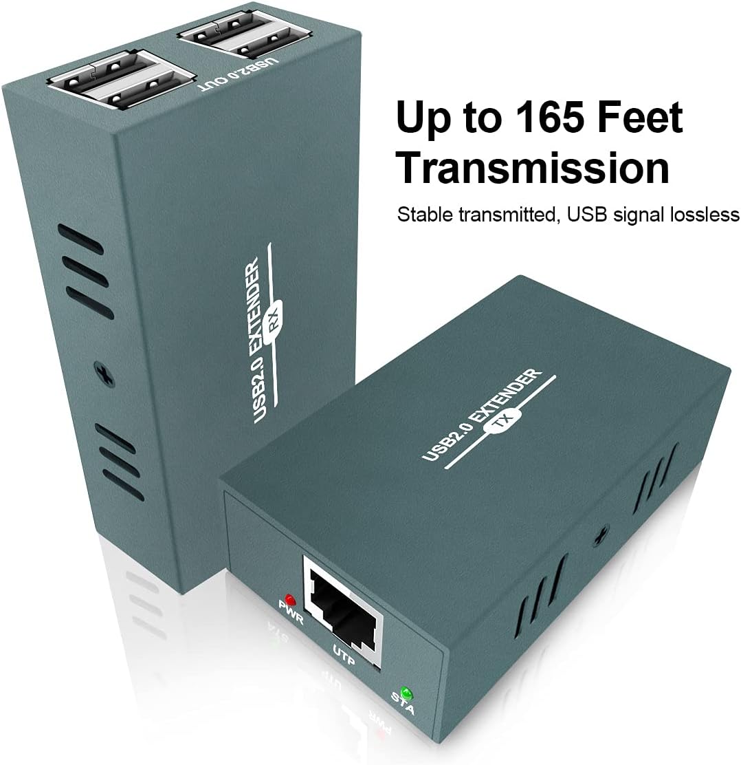 USB Extender Over Ethernet RJ45 LAN Extension, with 4 USB 2.0 Ports, Transmit 50m/165ft Over Ethernet Cat5/5e/6/7, Support Power Over Cable, Play and Plug, No Driver Required