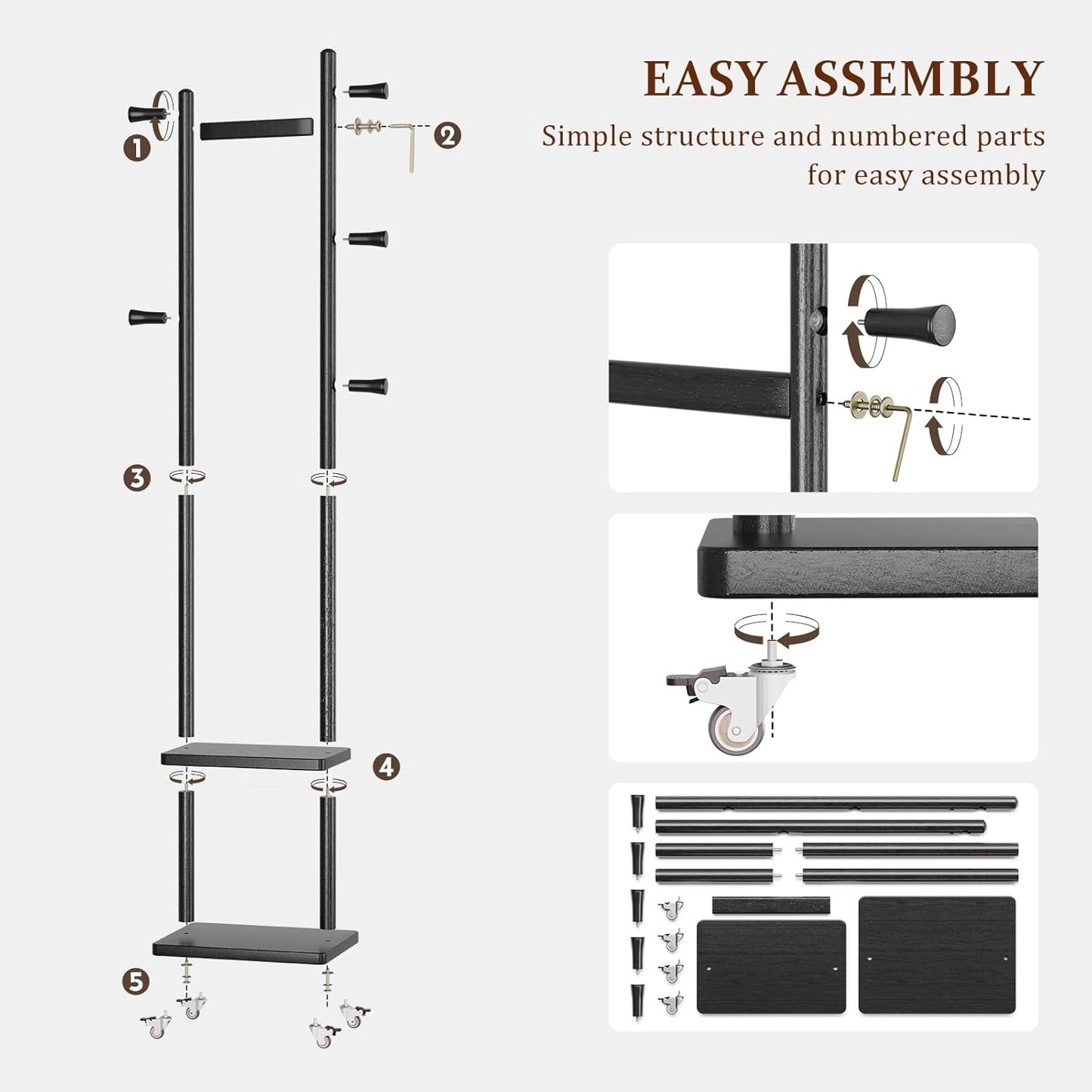 Coat Rack Freestanding Clothing Rack with Wheels & 2 Shelves Storage & 5 Hooks Heavy Duty Clothes Rack Wood Coat Tree Stand Hat Hanger Rack for Corner Bedroom Entryway Living Room Hotel