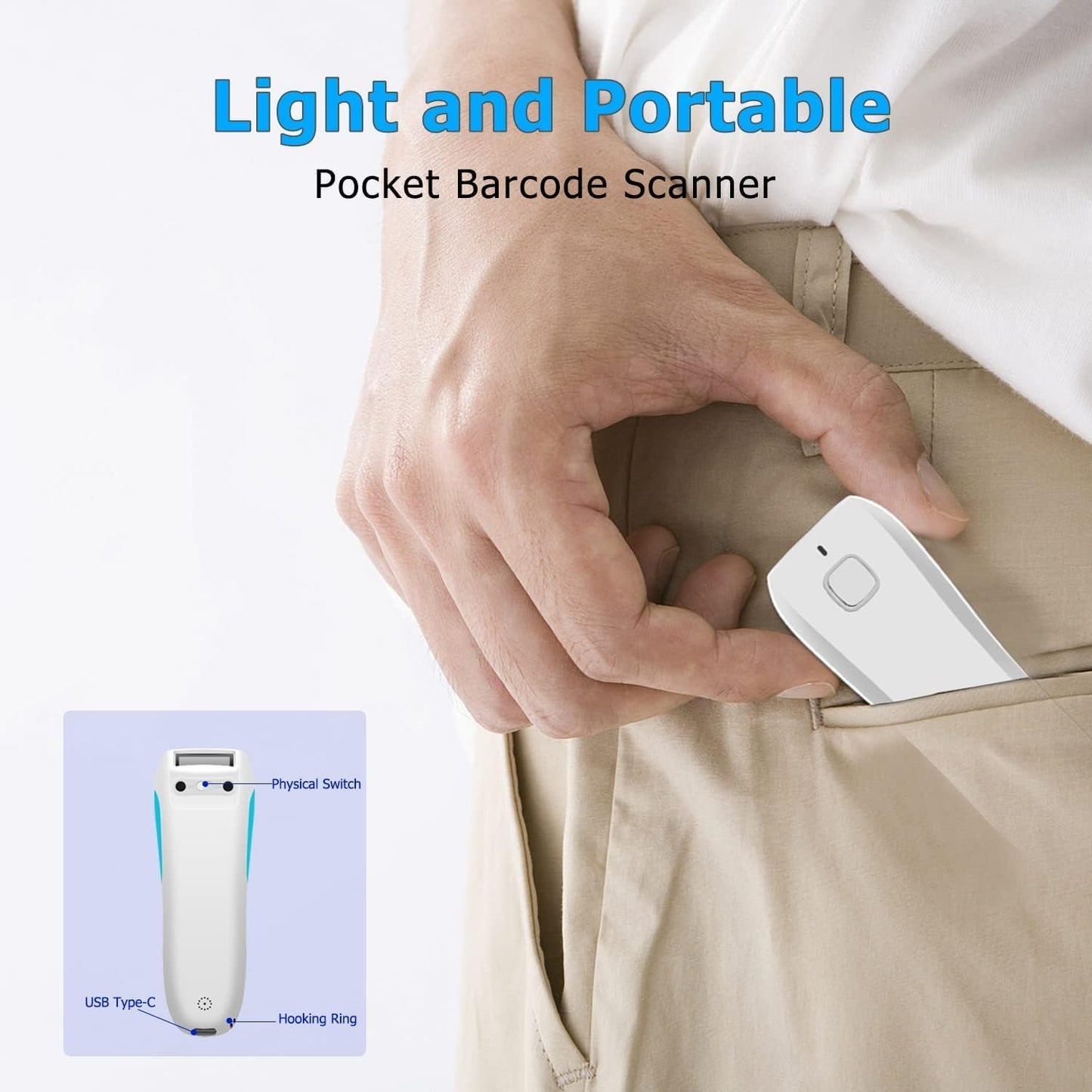 NETUM Upgraded Mini Wireless QR Barcode Scanner, 3 in 1 Bluetooth Portable Pocket Small 1D 2D Bar Code Reader, Automatic Fast, Precise scanning for POS, C850 White