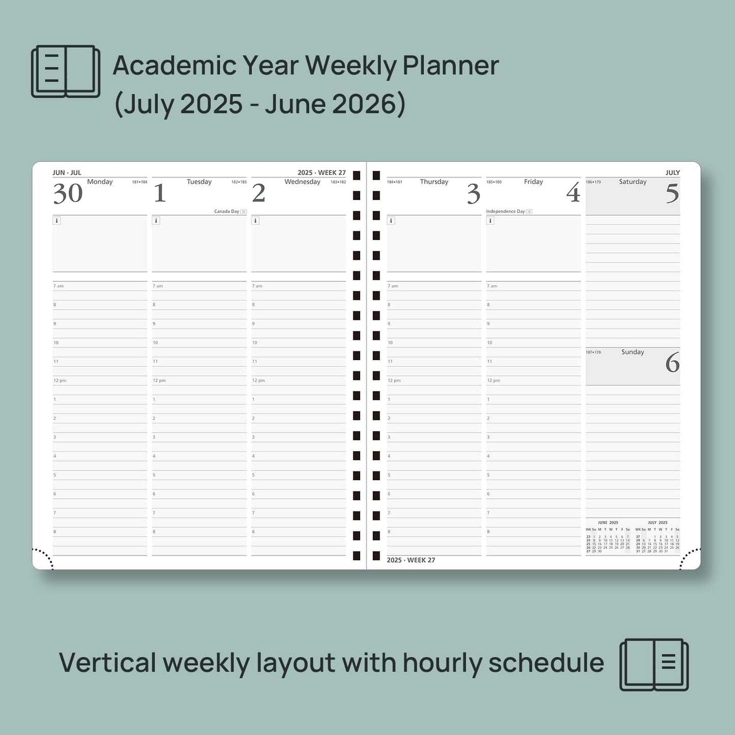 POPRUN Planner 2025-2026 (Large - 8.5'' x 10.5'') Academic Weekly Calendar (July 2025 - June 2026) with Hourly Time Slots, Monthly Tabs, 100GSM Thick Papers, Spiral Leather Cover - Pacific Green