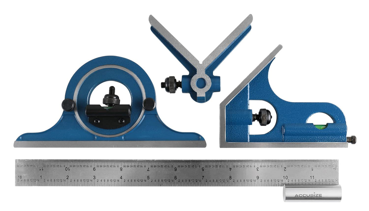 Accusize Industrial Tools 12'' 4 Combination Square Ruler Set Protractor Satin, 4-R Graduation, 0000-8101